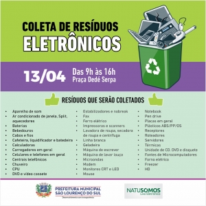 Coleta de Resíduos Eletrônicos ocorrerá na próxima semana na Praça Central Dede Serpa