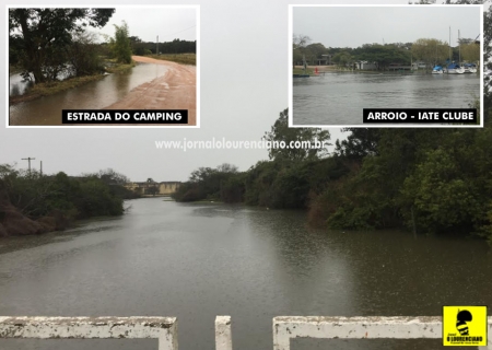 Arroio São Lourenço está com nível elevado, saindo do leito em alguns pontos