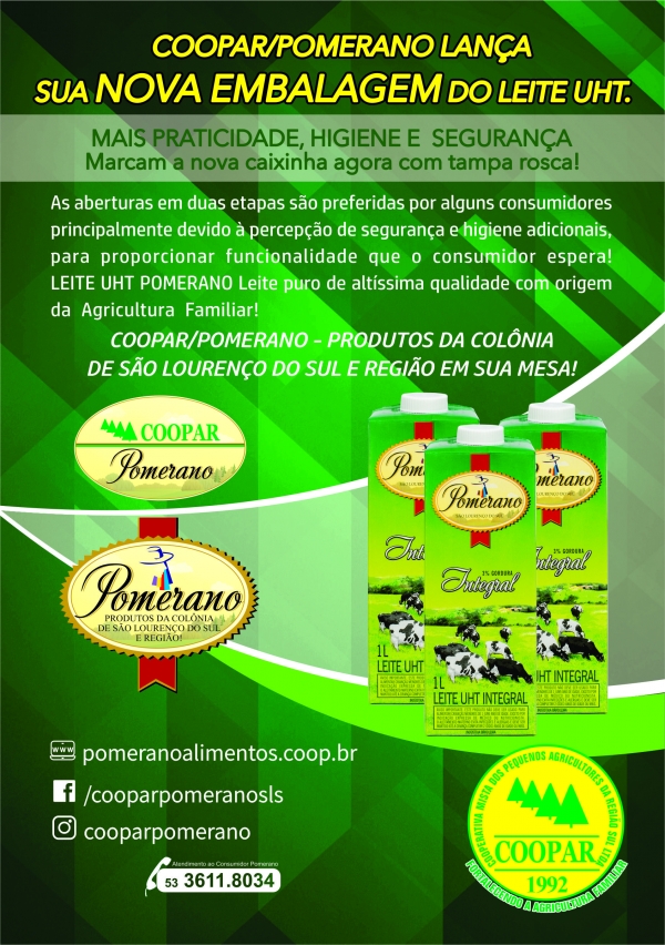 Prestes a completar 29 anos COOPAR/POMERANO lança sua nova embalagem UHT